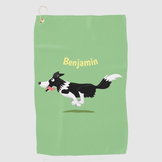 Funny Border Collie dog running cartoon  Golf Towel (Front)