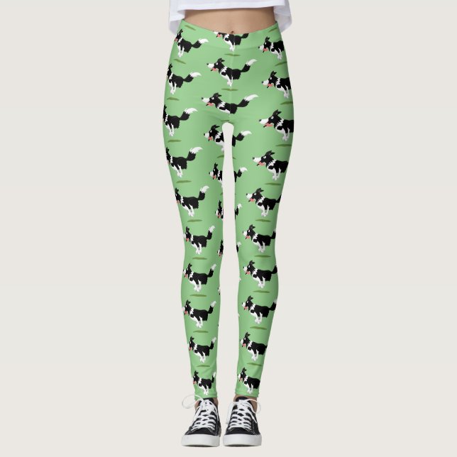 Funny Border Collie dog running cartoon Leggings (Front)