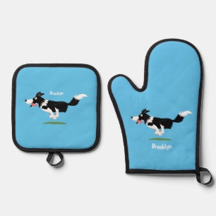 Funny Border Collie dog running cartoon Oven Mitt & Pot Holder Set