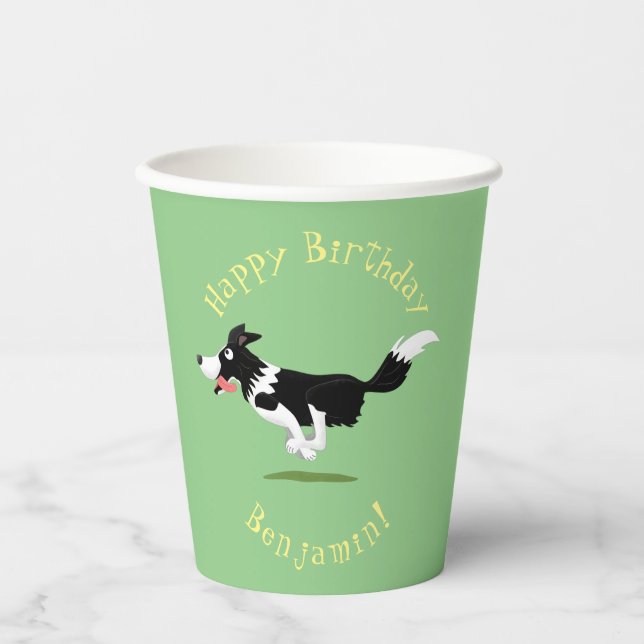 Funny Border Collie dog running cartoon Paper Cups (Front)