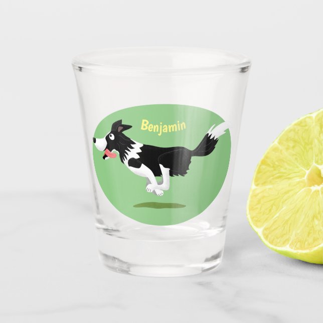 Funny Border Collie dog running cartoon Shot Glass (Front)