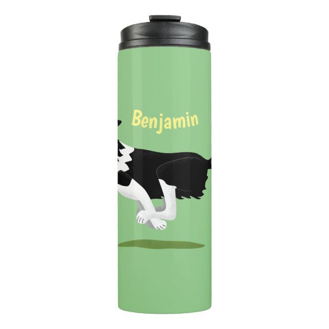 Funny Border Collie dog running cartoon Thermal Tumbler (Front)
