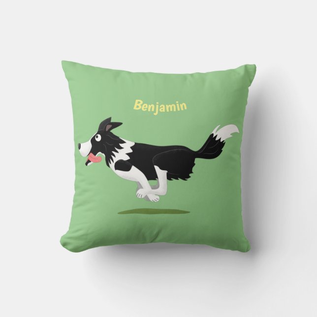 Funny Border Collie dog running cartoon Throw Pillow (Front)