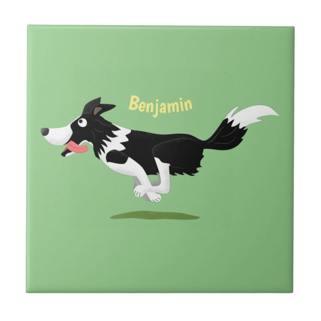 Funny Border Collie dog running cartoon Tile (Front)