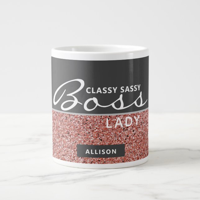 Funny Boss Lady Rose Gold Pink Glitter Name Large Coffee Mug (Front)
