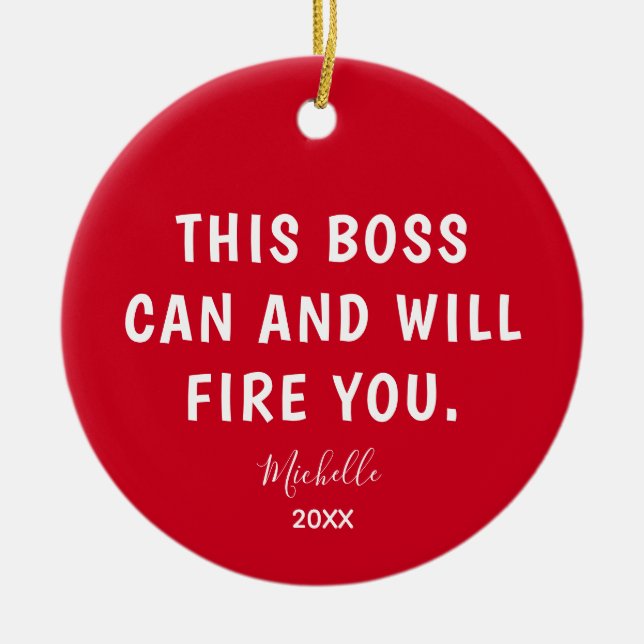 Funny Boss Red Personalized Year Christmas Ceramic Ornament (Front)