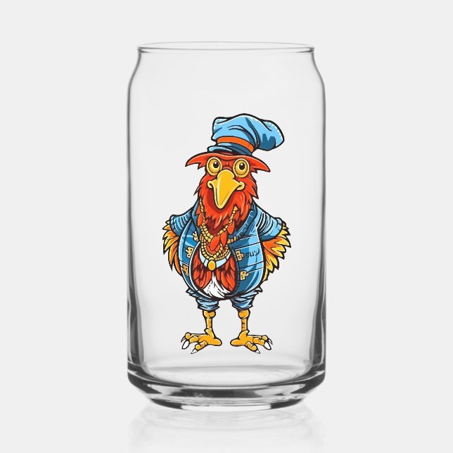 Funny Bossy Cartoon Rooster Can Glass (Front)