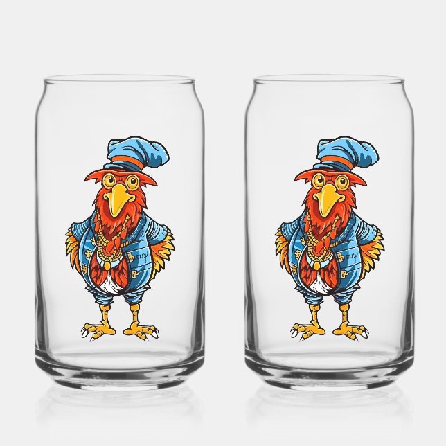 Funny Bossy Cartoon Rooster Can Glass (Front)