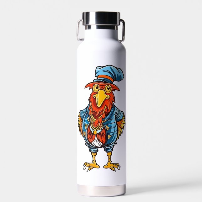 Funny Bossy Cartoon Rooster Water Bottle (Front)