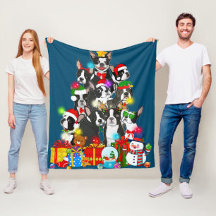 Funny Boston Terrier Christmas Tree Lights Puppy Fleece Blanket
