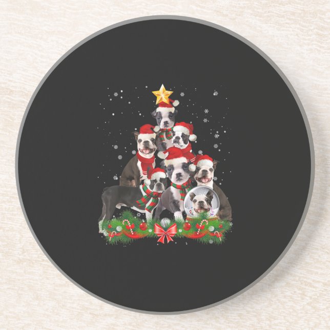 Funny Boston Terrier Dog Christmas Tree Gift Coaster (Front)