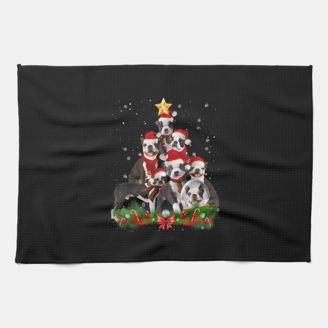 Funny Boston Terrier Dog Christmas Tree Gift Kitchen Towel (Horizontal)