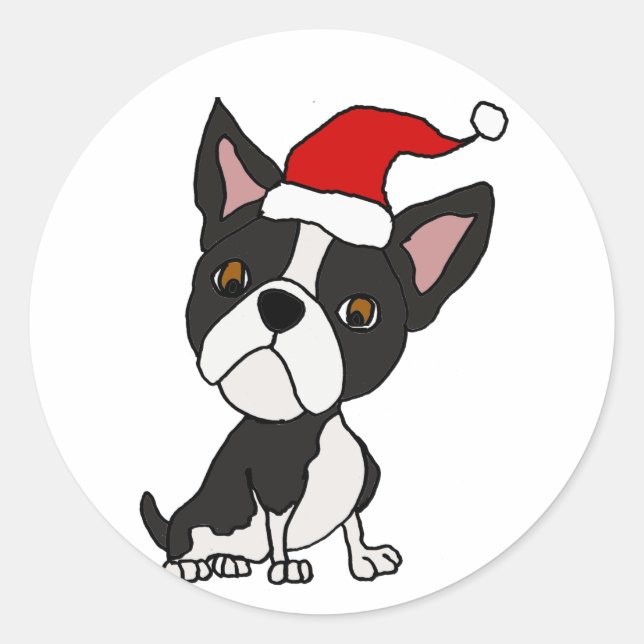 Funny Boston Terrier Dog in Santa Hat Christmas Classic Round Sticker (Front)