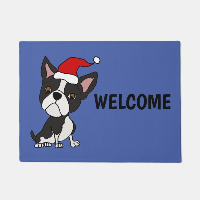 Funny Boston Terrier Dog in Santa Hat Christmas Doormat (Front)