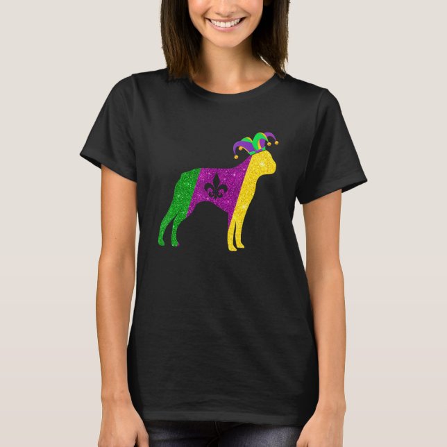 Funny Boston Terrier Dog Mardi Gras Party Mask Bea T-Shirt (Front)