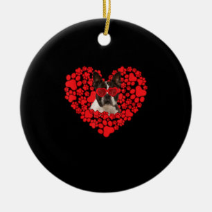 Funny Boston Terrier Dog Paw Heart Valentine Day Ceramic Ornament