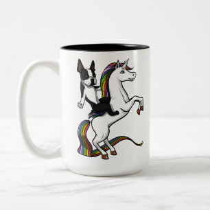Funny Boston Terrier Dog Riding Unicorn Two-Tone Coffee Mug
