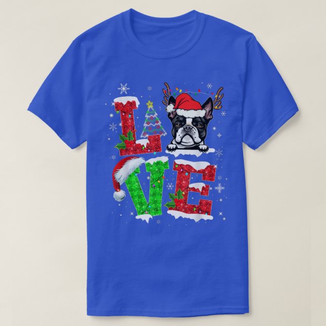 Funny Boston Terrier Dog Tree Christmas Lights Xma T-Shirt (Design Front)