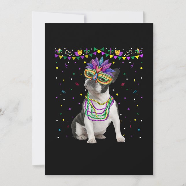 Funny Boston Terrier Wearing Carnival Mask Mardi Announcement (Front)