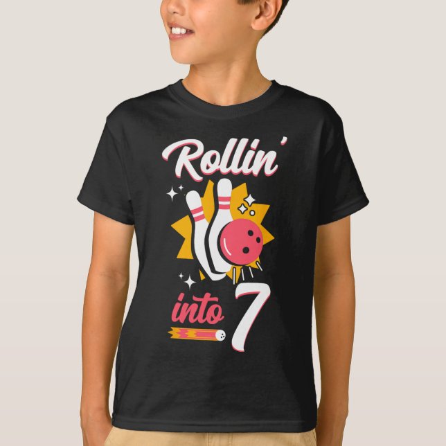 Funny Bowling 7th Birthday Rollin' Into 7  T-Shirt (Front)