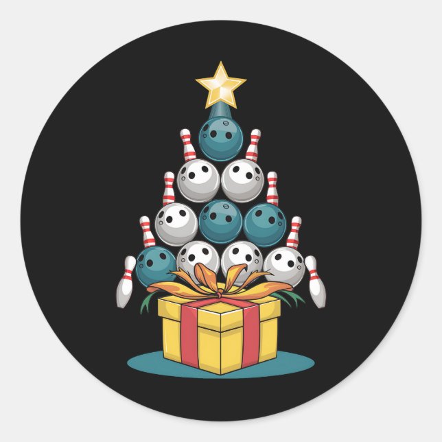 Funny Bowling Christmas Tree Lights Xmas Gifts  Classic Round Sticker (Front)