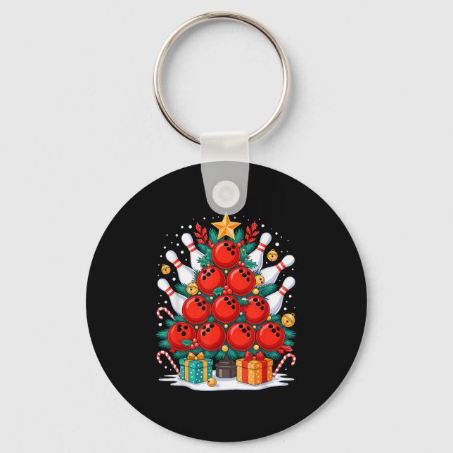 Funny Bowling Christmas Tree Lights Xmas Vibes Bow Keychain (Front)