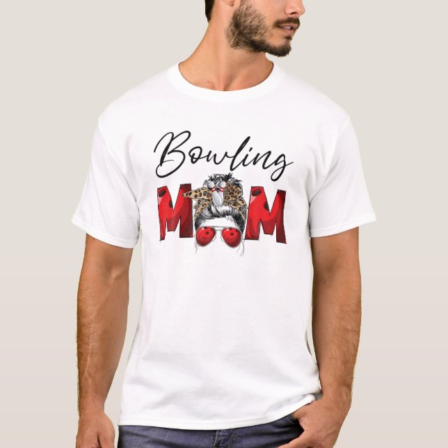 Funny Bowling Mom Life Sport Mom Leopard Messy Bun T-Shirt (Front)