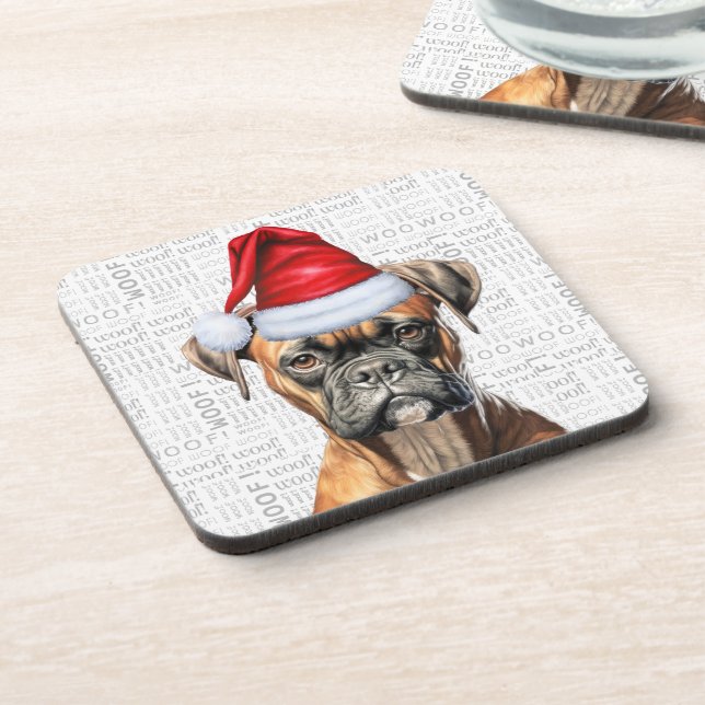 Funny Boxer Dog Woof Word Art Holiday Coaster (Left Side)