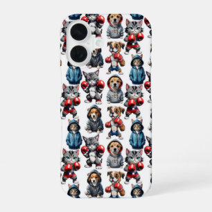 Funny Boxing Cat Dog Pattern Design iPhone 16 Case