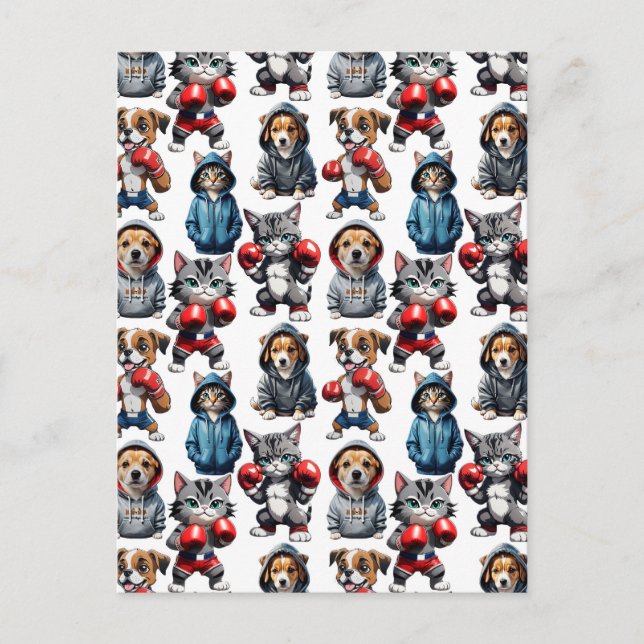 Funny Boxing Cat Dog Pattern Design  Postcard (Front)