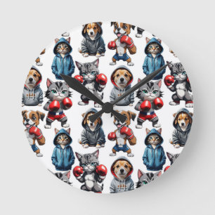 Funny Boxing Cat Dog Pattern Design Round Clock