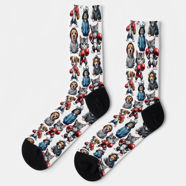 Funny Boxing Cat Dog Pattern Design  Socks (Left)