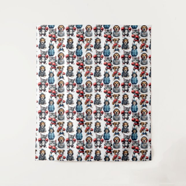 Funny Boxing Cat Dog Pattern Design  Tapestry (Front)