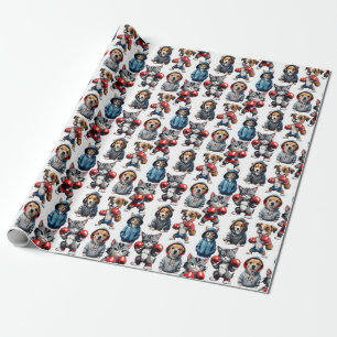 Funny Boxing Cat Dog Pattern Design Wrapping Paper
