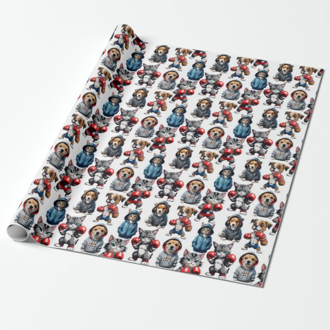 Funny Boxing Cat Dog Pattern Design  Wrapping Paper (Unrolled)