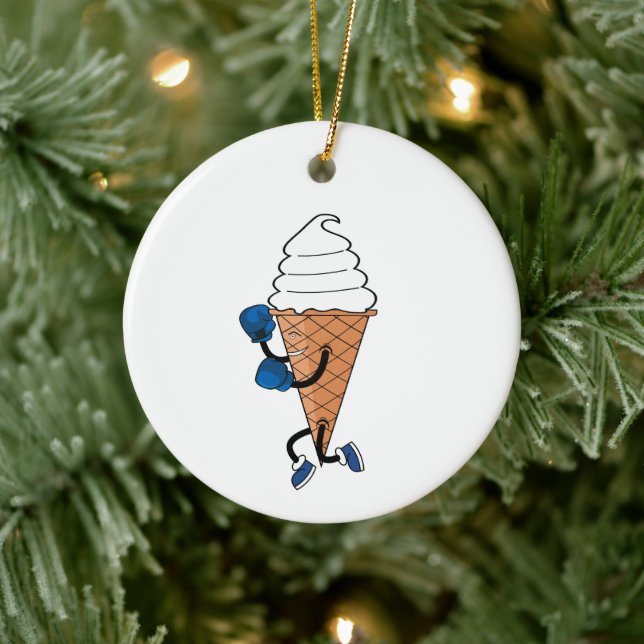 Funny Boxing Sports Ice Cream Cone Cartoon Ceramic Ornament (Tree)