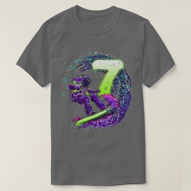 Funny Boy 7th Birthday Astronaut Outer Space Surfe T-Shirt (Design Front)
