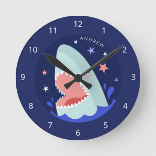 Funny Boy Shark Navy Blue Nautical Kids Name Sea Round Clock
