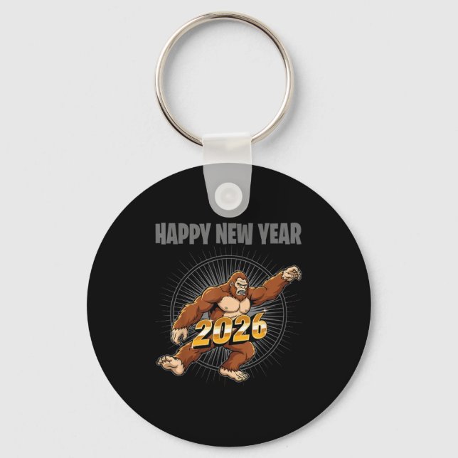 Funny Boys Nye Outfit, Mens Bigfoot Happy New Year Keychain (Front)