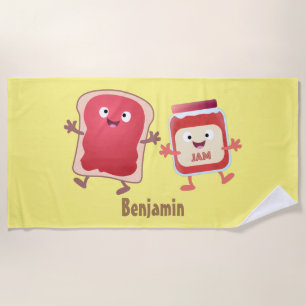 Funny bread and jam cartoon characters beach towel