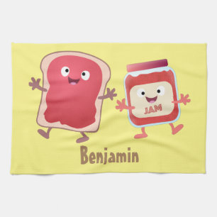 Funny bread and jam cartoon characters  kitchen towel