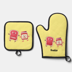Funny bread and jam cartoon characters oven mitt & pot holder set