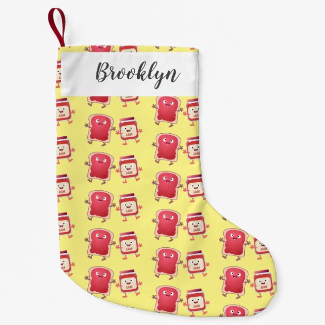 Funny bread and jam cartoon characters small christmas stocking (Front)
