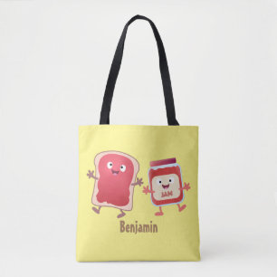 Funny bread and jam cartoon characters tote bag