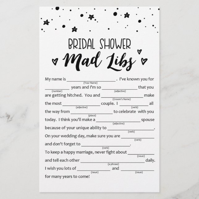 Funny Bridal Shower or Hen Party game (Front)