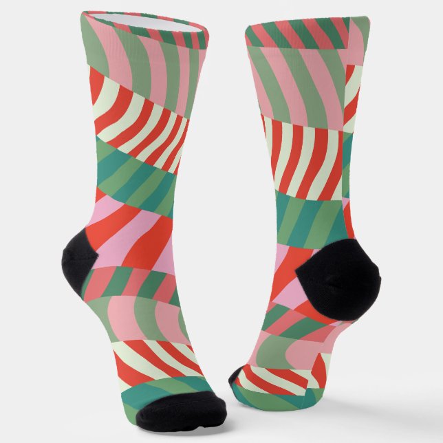 Funny Bright Christmas Retro Red Green Stripes Socks (Angled)
