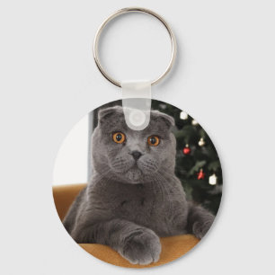 Funny British cat and christmas tree Keychain