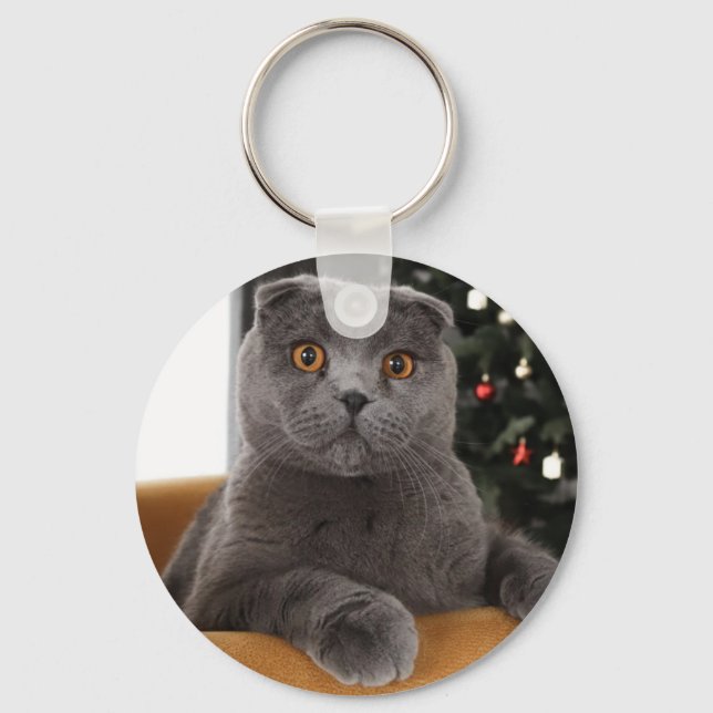 Funny British cat and christmas tree Keychain (Front)