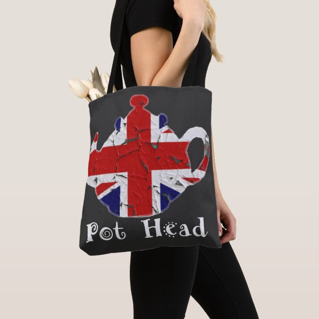 Funny British Teapot Pot Head Distressed Tote Bag (Close Up)