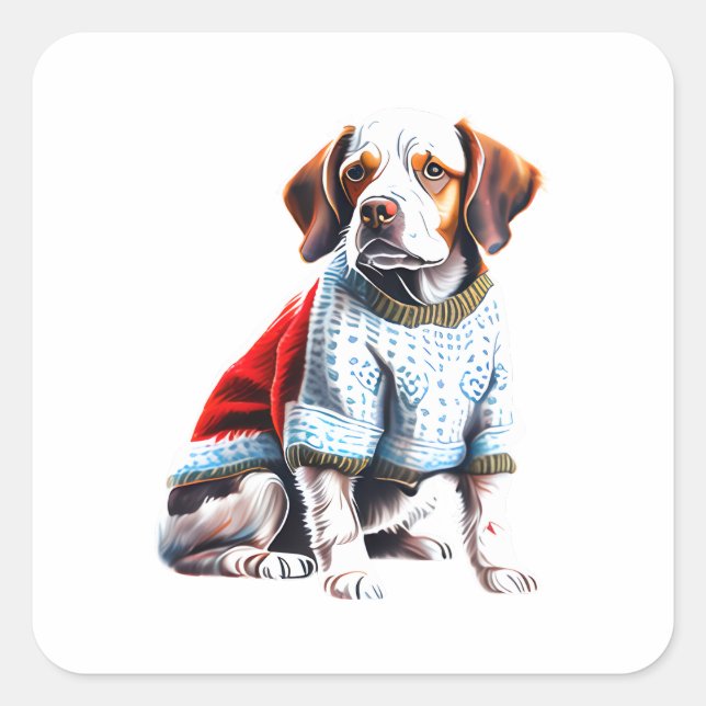 Funny Brittany in Christmas Sweater Square Sticker (Front)